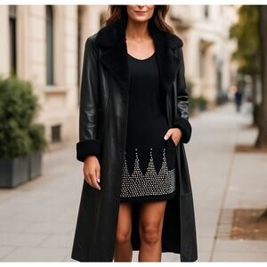 Carson, Pirie Scott Vintage Green Leather Faux Fur Trim Long Coat Size 8 Tall